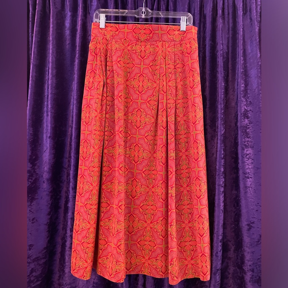 EVAN- PICONE rusty orange & red 100%silk pleated midi-maxi pencil skirt Vintage